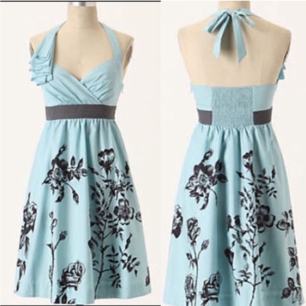 Anthropologie Nathalie Lete Paris Stemmed Sweetbriar Blue Halter Dress Size 4 - Picture 1 of 11